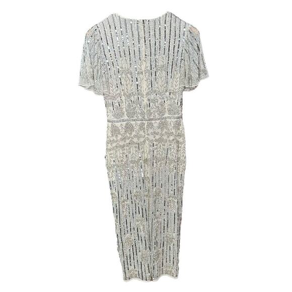 Mac Duggal Nude Silver Embellished Flutter Sleeve High Neck Dress 6 - Picture 12 of 13